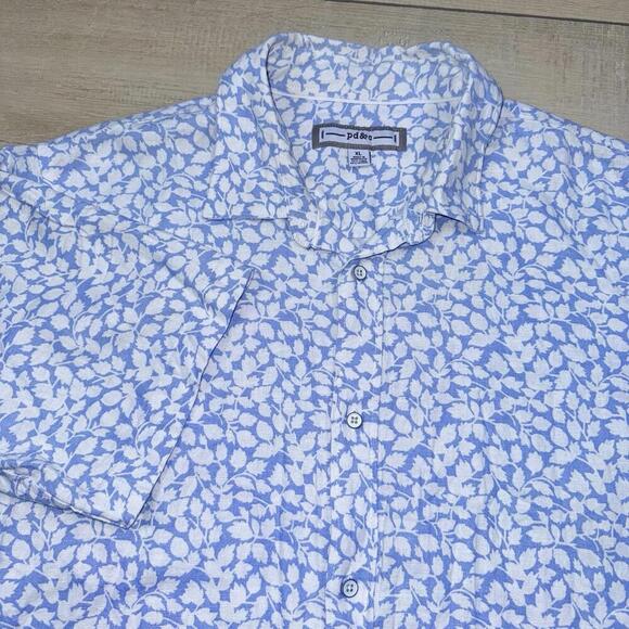 pd&c Button Up Shirt Sz XL White Blue Leaf Print Linen Blend Short Sleeve Casual - Picture 2 of 8